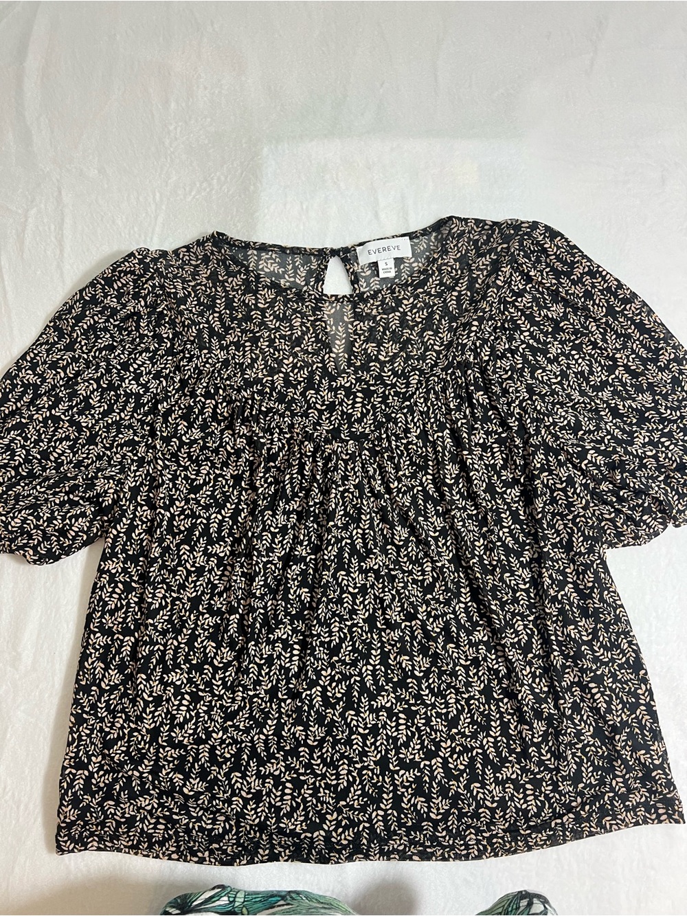 Evereve Black Blouse with Cream Leaf Print